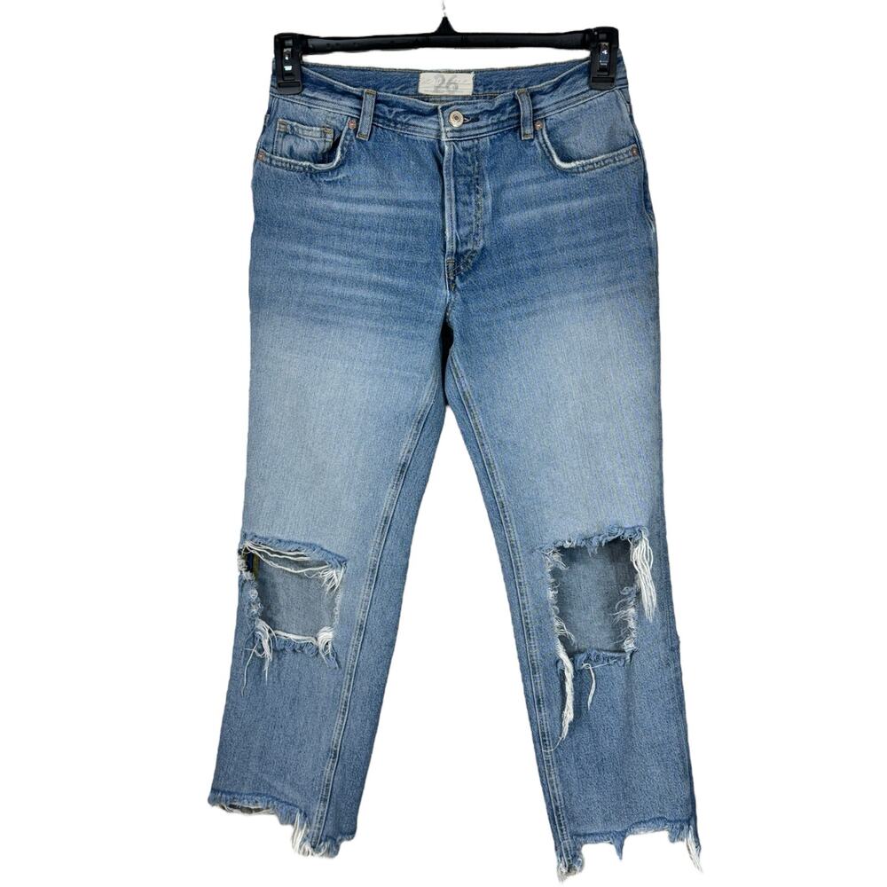 We the Free SZ 26 Cropped Jeans Button-Fly Distressed Rips Chewed Hems Mid-Rise